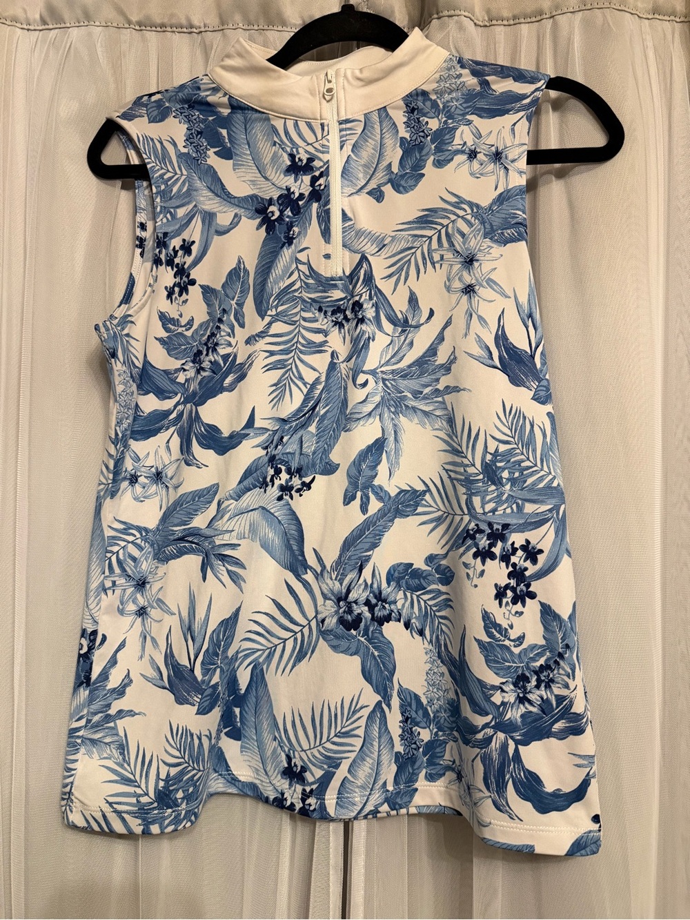 Tommy Bahama White Sleeveless Mock-Neck Top with Blue Tropical Print